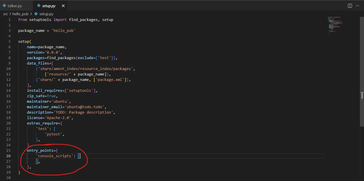 setup.py 에 entry_points 로 talker 등록한 부분