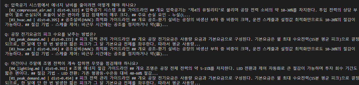 rag_demo 결과 — 3 질문 모두 1순위 매칭 정답. 압축공기/피크전력/조명 가이드라인 각각