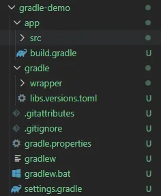 gradle-demo 프로젝트 구조 — app/build.gradle, gradle/wrapper, gradle.properties, gradlew, settings.gradle