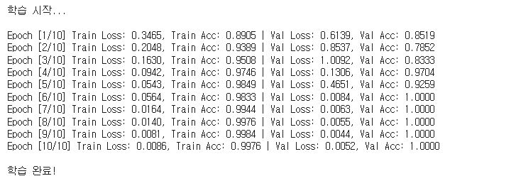 10 epoch 학습 로그. Train Loss는 0.34에서 0.008까지, Val Acc는 0.85에서 1.0까지 단조 증가