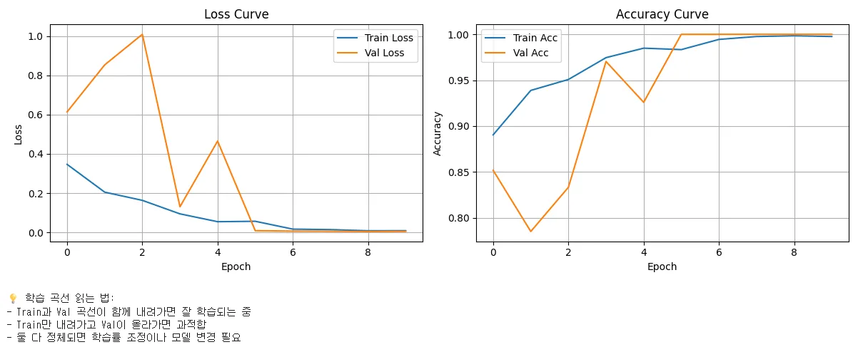 Loss Curve와 Accuracy Curve. Train과 Val이 함께 수렴하는 정상적인 학습 양상