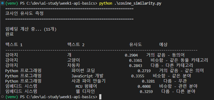 코사인 유사도 첫 계산 — 0.2~0.4 의심스러운 값들