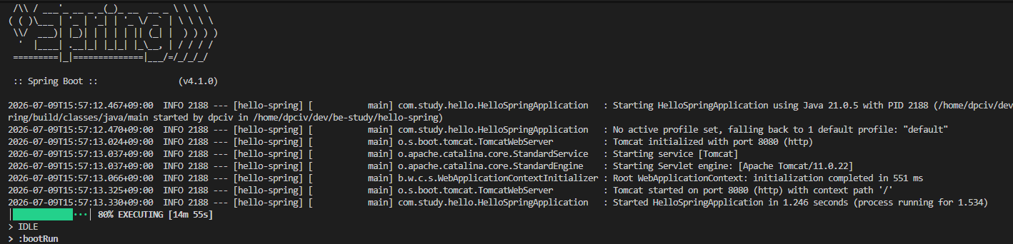 Spring Boot 실행 로그 — Tomcat initialized with port 8080, Starting service [Tomcat], Started HelloSpringApplication in 1.246 seconds, 하단에 "80% EXECUTING [14m 55s]" 진행바가 계속 유지